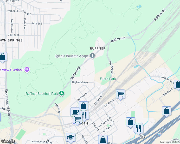 map of restaurants, bars, coffee shops, grocery stores, and more near 2318 Highview Court in Irondale