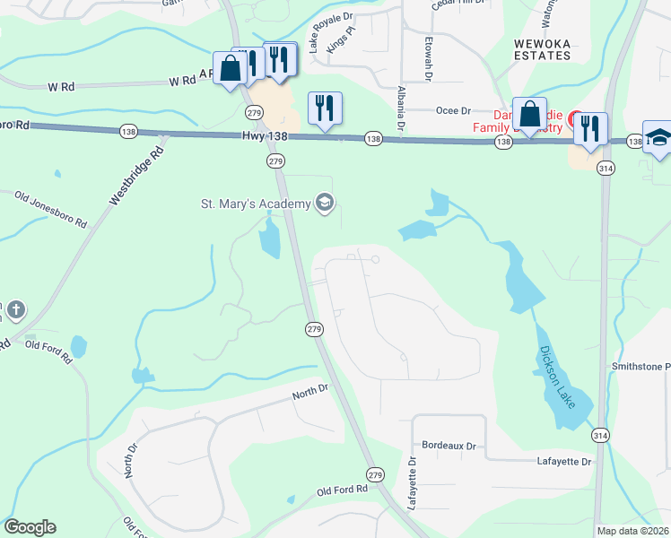map of restaurants, bars, coffee shops, grocery stores, and more near 150 Dix Lee-On Court in Fairburn