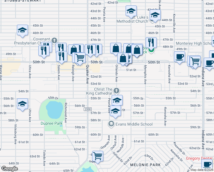 map of restaurants, bars, coffee shops, grocery stores, and more near 4213 53rd Street in Lubbock