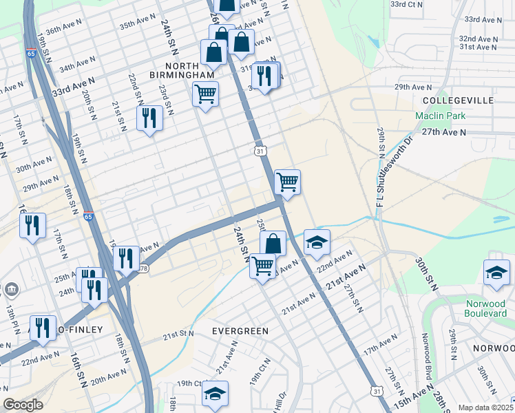map of restaurants, bars, coffee shops, grocery stores, and more near 2508 Finley Boulevard in Birmingham