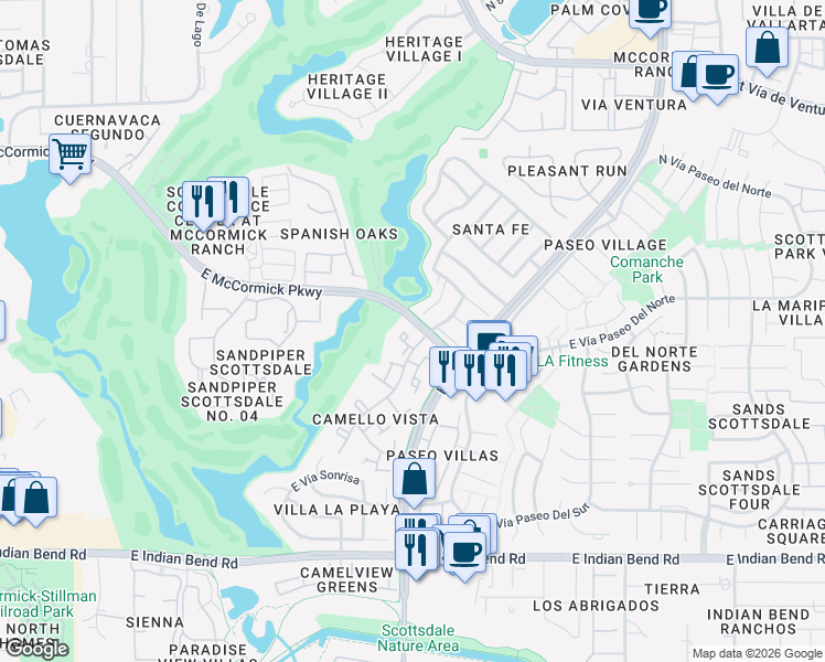map of restaurants, bars, coffee shops, grocery stores, and more near 7420 North Vía Camello Del Norte in Scottsdale