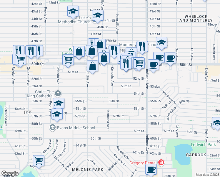 map of restaurants, bars, coffee shops, grocery stores, and more near 5324 Kenosha Avenue in Lubbock