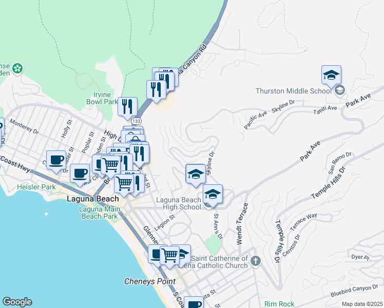 map of restaurants, bars, coffee shops, grocery stores, and more near 1238 Anacapa Way in Laguna Beach