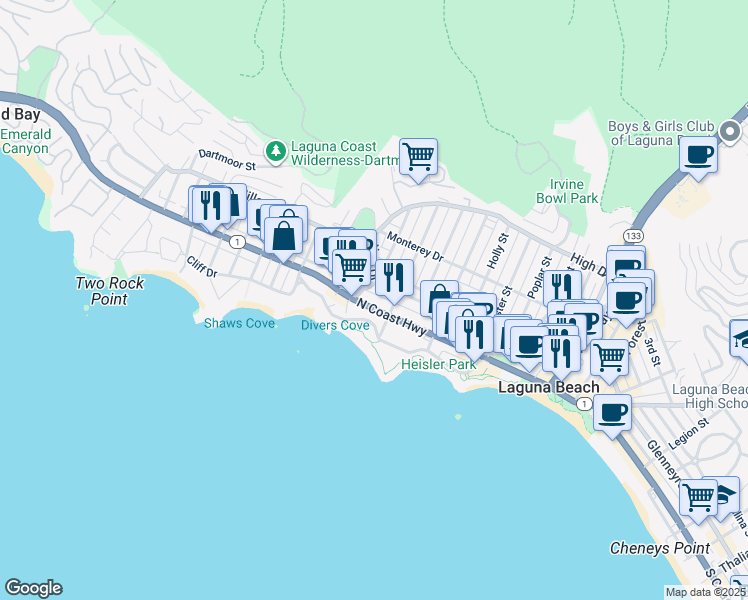 map of restaurants, bars, coffee shops, grocery stores, and more near 556 North Pacific Coast Highway in Laguna Beach