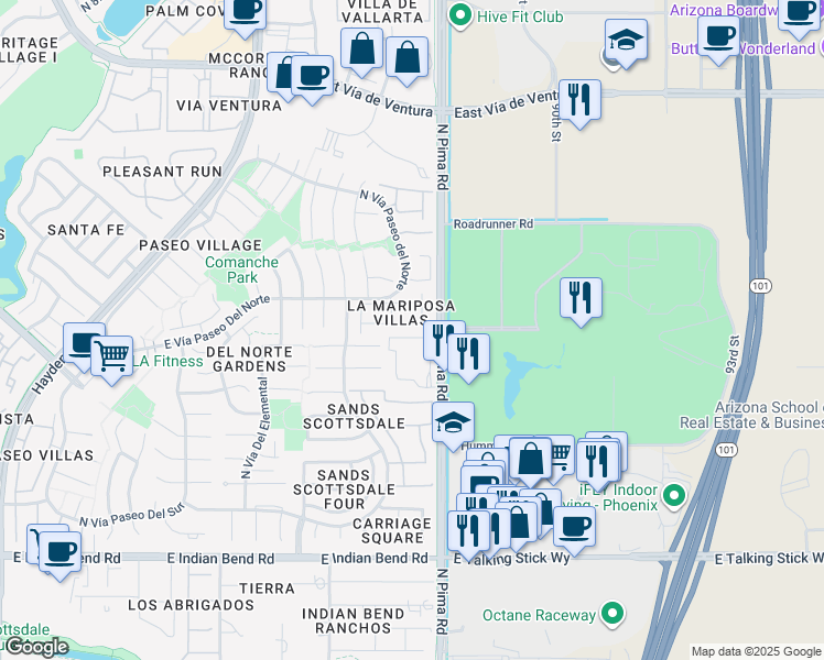 map of restaurants, bars, coffee shops, grocery stores, and more near 8759 East Vía Del Arbor in Scottsdale