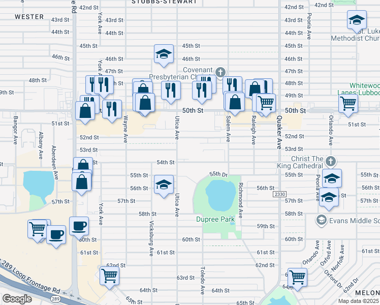 map of restaurants, bars, coffee shops, grocery stores, and more near 4645 52nd Street in Lubbock