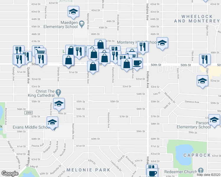 map of restaurants, bars, coffee shops, grocery stores, and more near 5322 Kenosha Avenue in Lubbock