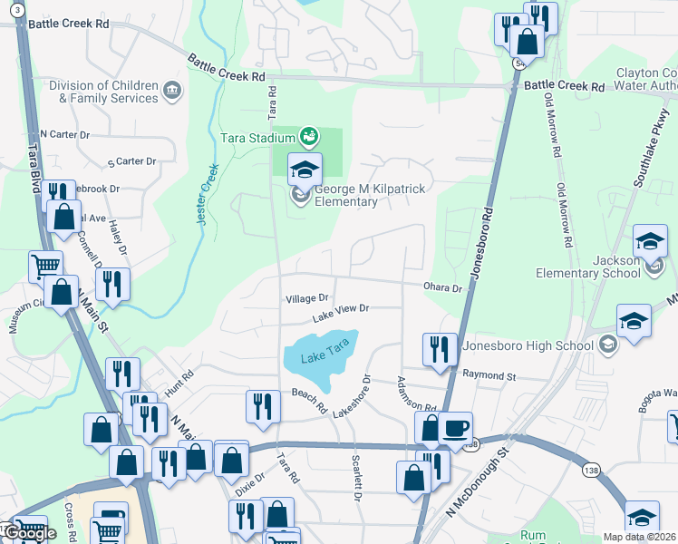 map of restaurants, bars, coffee shops, grocery stores, and more near 1096 Ohara Drive in Jonesboro