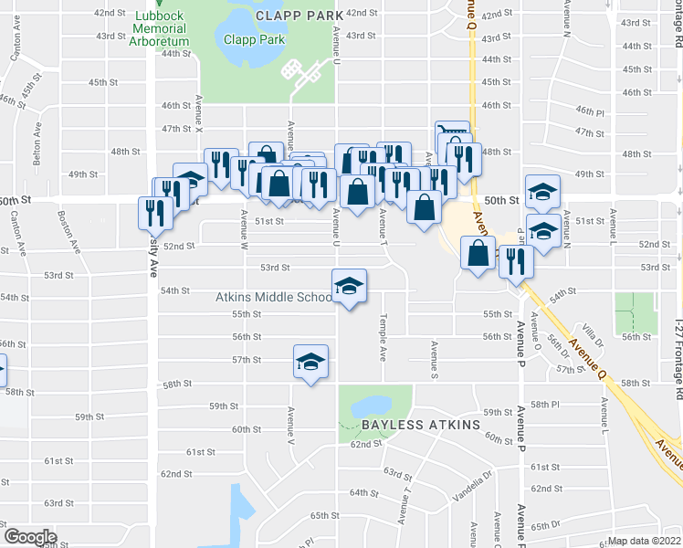 map of restaurants, bars, coffee shops, grocery stores, and more near 2021 53rd Street in Lubbock