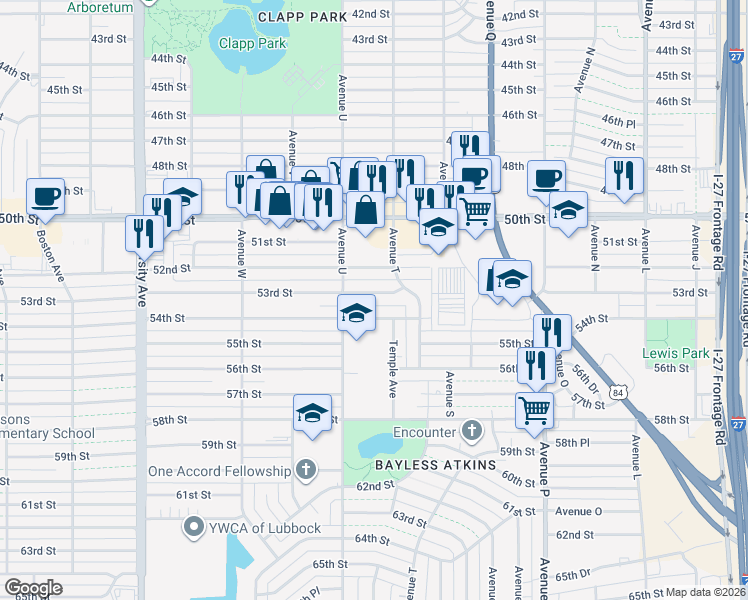 map of restaurants, bars, coffee shops, grocery stores, and more near 2011 53rd Street in Lubbock