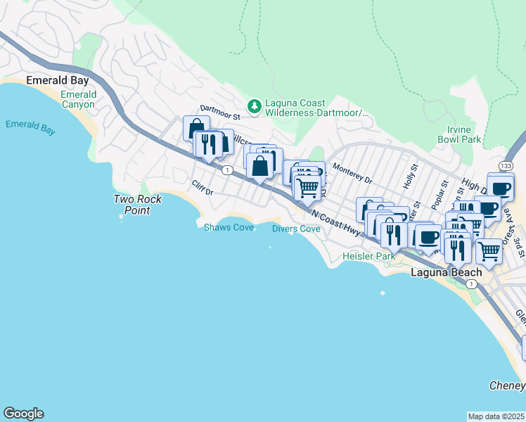 map of restaurants, bars, coffee shops, grocery stores, and more near 845 Cliff Drive in Laguna Beach