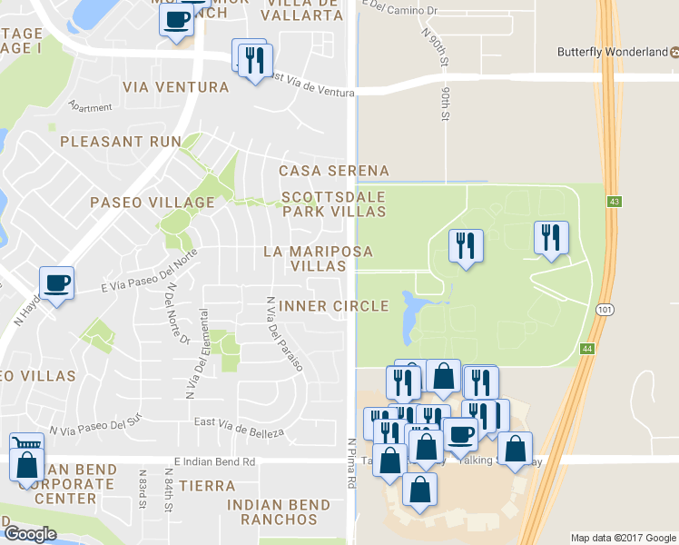 map of restaurants, bars, coffee shops, grocery stores, and more near 8793 East Via Del Arbor in Scottsdale