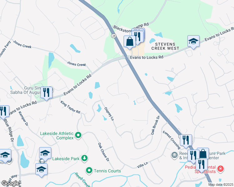 map of restaurants, bars, coffee shops, grocery stores, and more near 243 Full Circle Drive in Evans