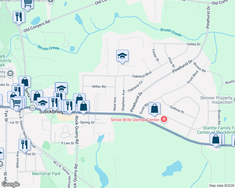 map of restaurants, bars, coffee shops, grocery stores, and more near 112 Neal Avenue in Stockbridge