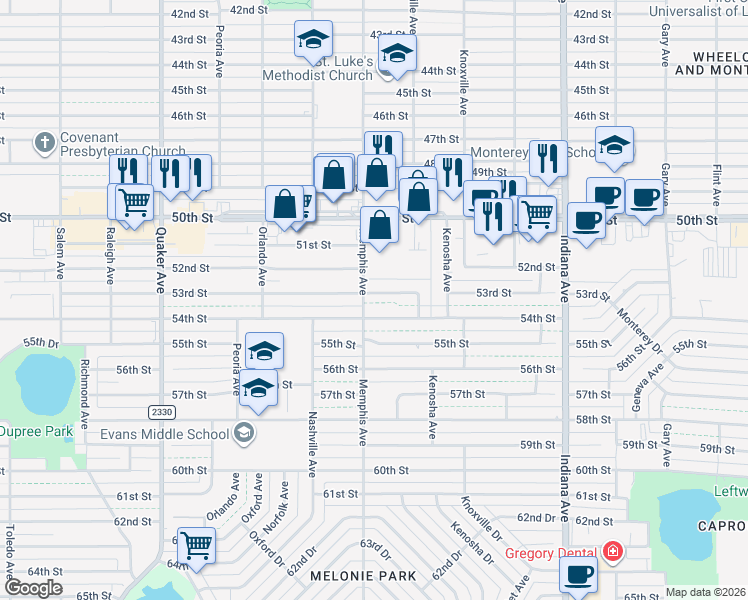 map of restaurants, bars, coffee shops, grocery stores, and more near 3717 53rd Street in Lubbock