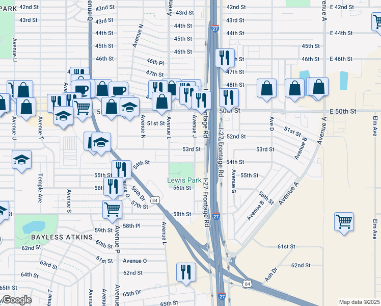 map of restaurants, bars, coffee shops, grocery stores, and more near 1103 53rd Street in Lubbock