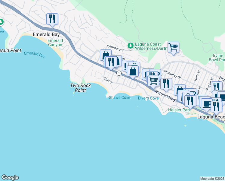 map of restaurants, bars, coffee shops, grocery stores, and more near 1101 Marine Drive in Laguna Beach