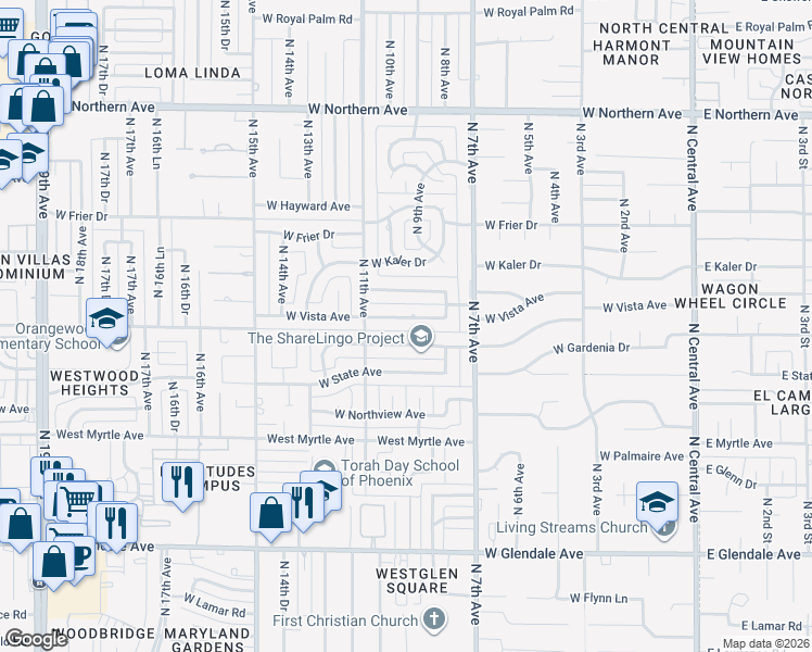 map of restaurants, bars, coffee shops, grocery stores, and more near 823 West Vista Avenue in Phoenix