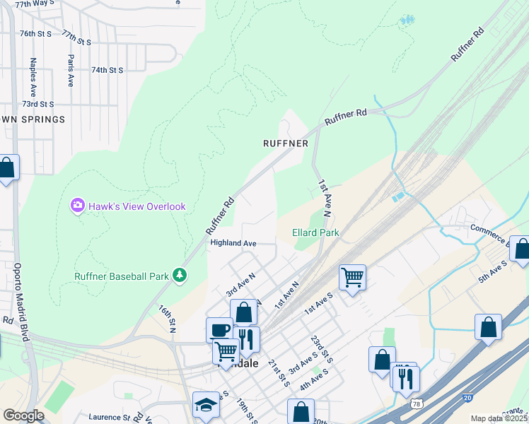 map of restaurants, bars, coffee shops, grocery stores, and more near 2318 Highview Court in Irondale