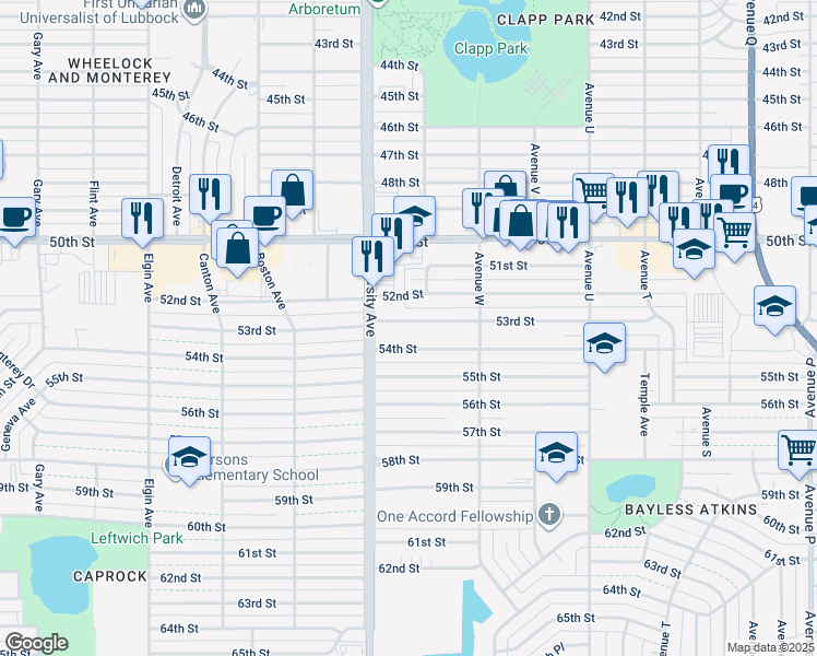 map of restaurants, bars, coffee shops, grocery stores, and more near 2323 53rd Street in Lubbock