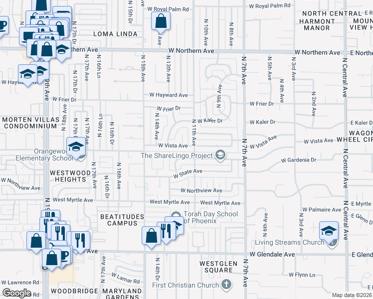 map of restaurants, bars, coffee shops, grocery stores, and more near 1109 West Vista Avenue in Phoenix