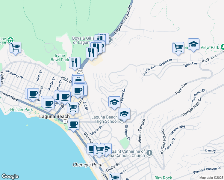 map of restaurants, bars, coffee shops, grocery stores, and more near 1238 Anacapa Way in Laguna Beach