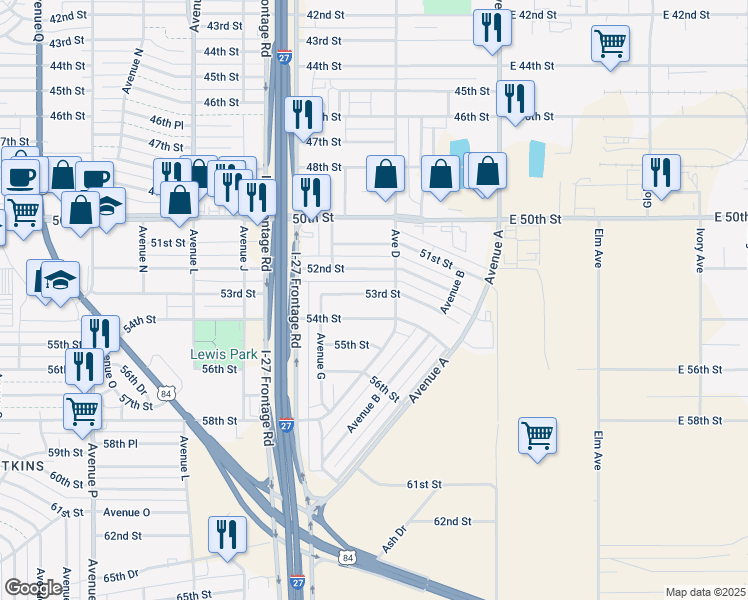 map of restaurants, bars, coffee shops, grocery stores, and more near 509 53rd Street in Lubbock