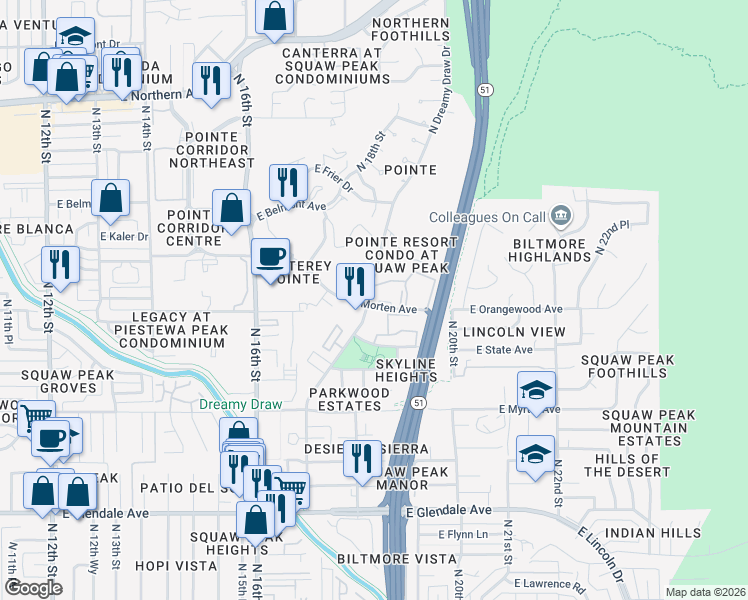 map of restaurants, bars, coffee shops, grocery stores, and more near 1829 East Morten Avenue in Phoenix