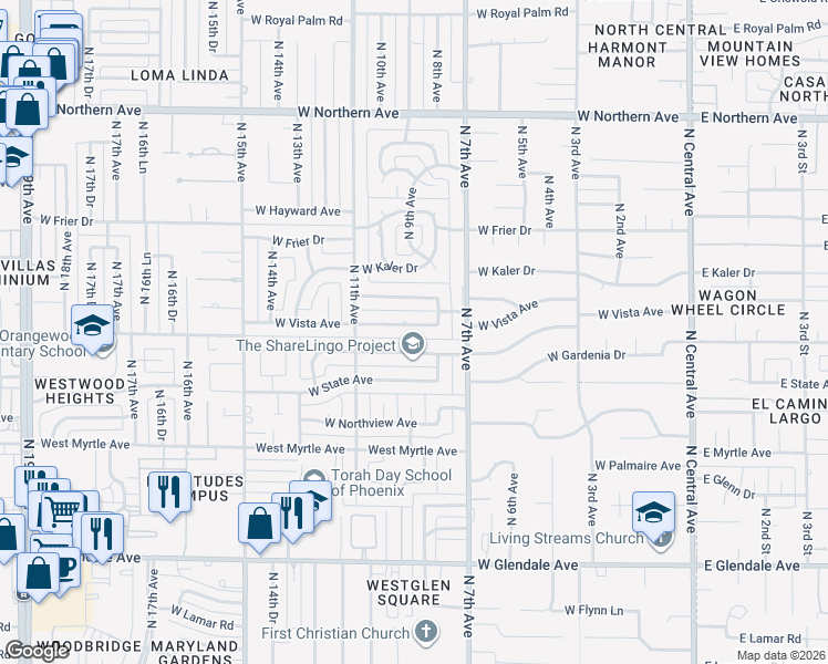 map of restaurants, bars, coffee shops, grocery stores, and more near 823 West Vista Avenue in Phoenix