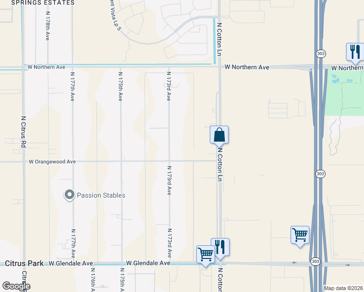 map of restaurants, bars, coffee shops, grocery stores, and more near 7529 North 173rd Avenue in Waddell