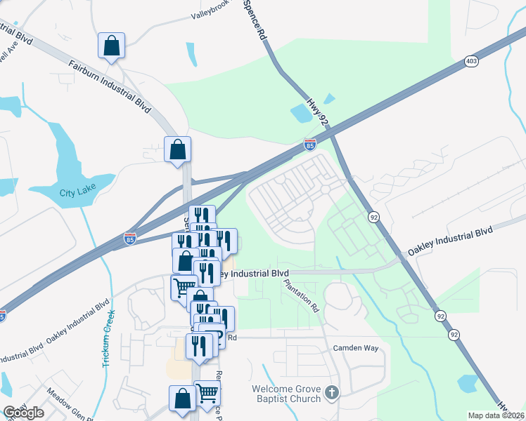 map of restaurants, bars, coffee shops, grocery stores, and more near 5722 Radford Loop in Fairburn