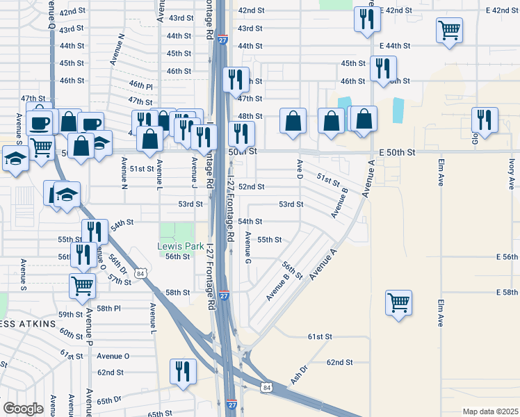 map of restaurants, bars, coffee shops, grocery stores, and more near 527 53rd Street in Lubbock