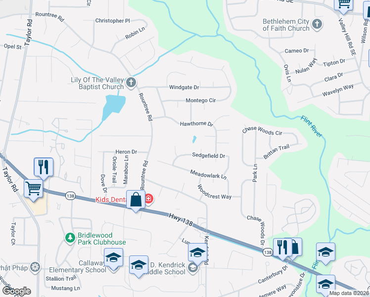 map of restaurants, bars, coffee shops, grocery stores, and more near 96 Sedgefield Drive in Jonesboro