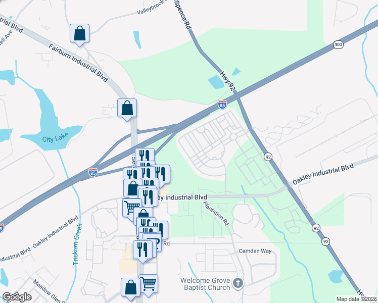 map of restaurants, bars, coffee shops, grocery stores, and more near 5722 Radford Loop in Fairburn