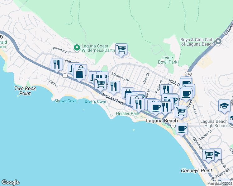 map of restaurants, bars, coffee shops, grocery stores, and more near 287 Myrtle Street in Laguna Beach