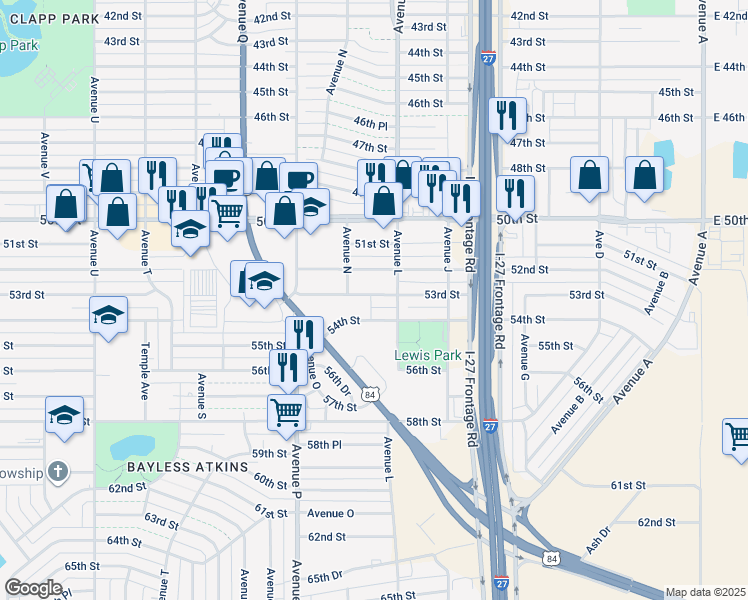 map of restaurants, bars, coffee shops, grocery stores, and more near 1311 53rd Street in Lubbock