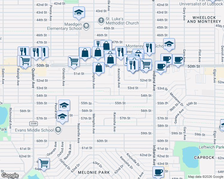 map of restaurants, bars, coffee shops, grocery stores, and more near 5302 Kenosha Avenue in Lubbock