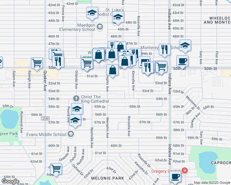map of restaurants, bars, coffee shops, grocery stores, and more near 3709 53rd Street in Lubbock
