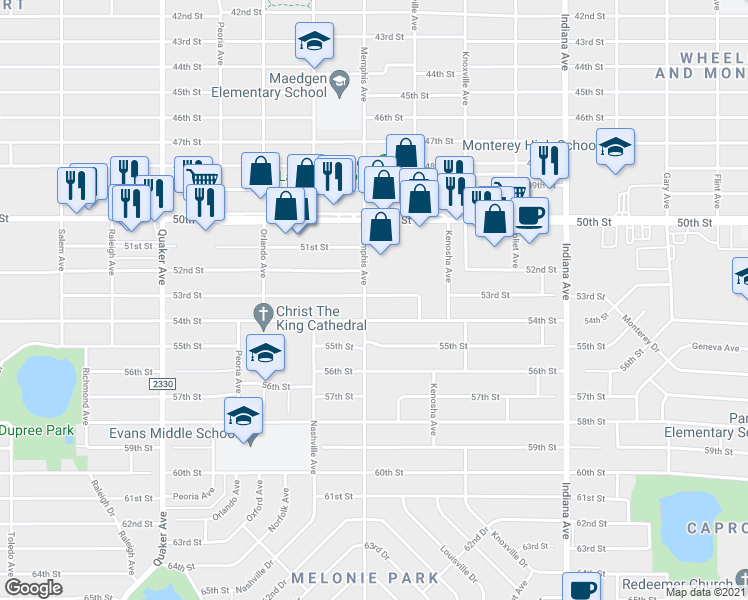map of restaurants, bars, coffee shops, grocery stores, and more near 3801 53rd Street in Lubbock