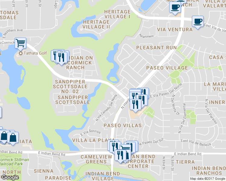map of restaurants, bars, coffee shops, grocery stores, and more near 7420 North Vía Camello Del Norte in Scottsdale