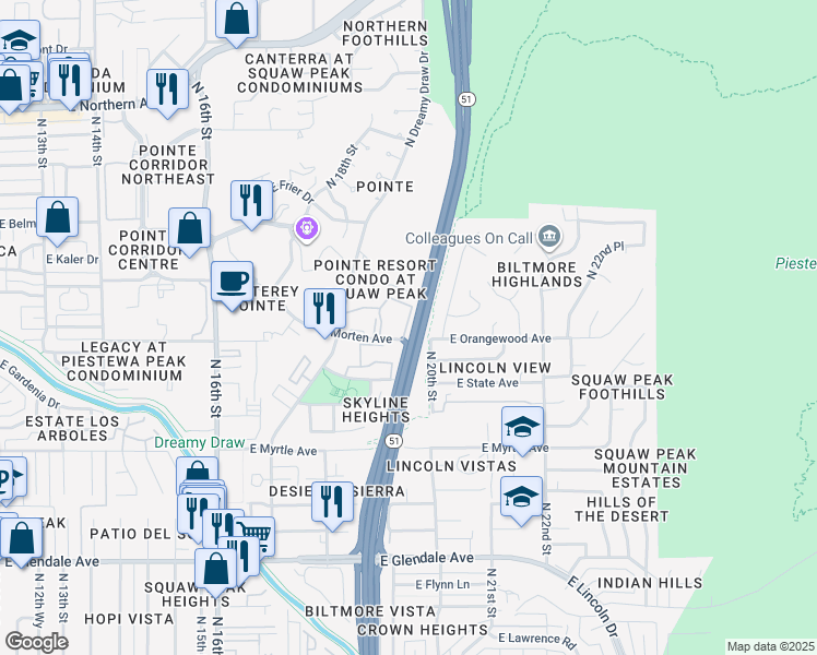 map of restaurants, bars, coffee shops, grocery stores, and more near 1880 East Morten Avenue in Phoenix