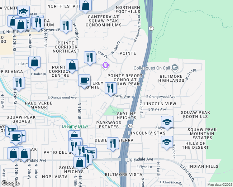 map of restaurants, bars, coffee shops, grocery stores, and more near 1829 East Morten Avenue in Phoenix