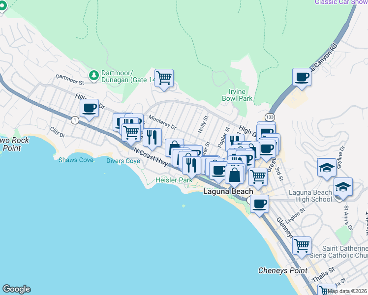 map of restaurants, bars, coffee shops, grocery stores, and more near 377 Magnolia Drive in Laguna Beach
