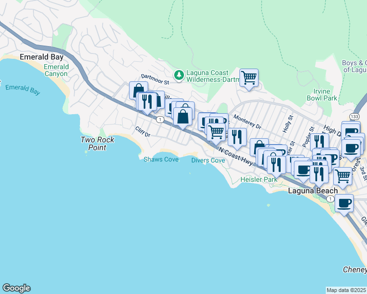 map of restaurants, bars, coffee shops, grocery stores, and more near 845 Cliff Drive in Laguna Beach