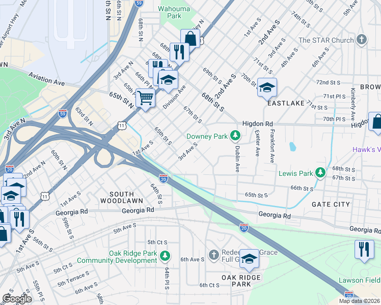 map of restaurants, bars, coffee shops, grocery stores, and more near 6508 3rd Avenue South in Birmingham