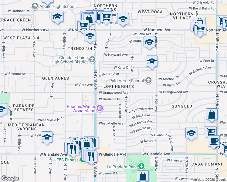 map of restaurants, bars, coffee shops, grocery stores, and more near 4208 West Orangewood Avenue in Phoenix