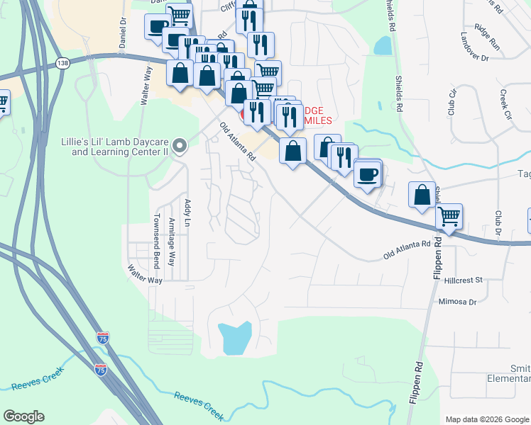 map of restaurants, bars, coffee shops, grocery stores, and more near 108 Willow Springs Lane in Stockbridge