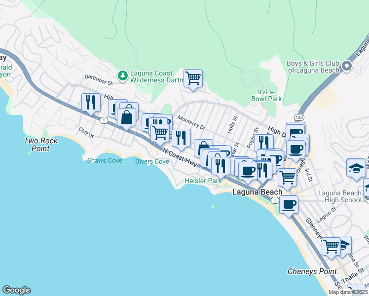 map of restaurants, bars, coffee shops, grocery stores, and more near 287 Myrtle Street in Laguna Beach