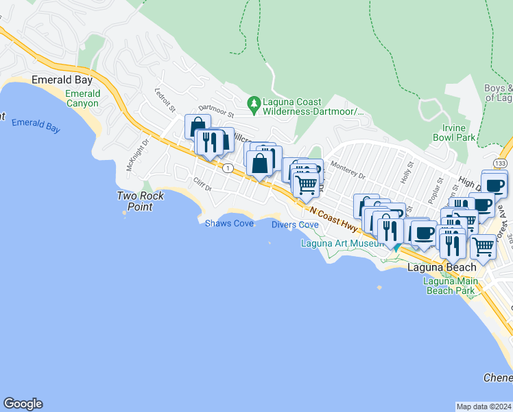 map of restaurants, bars, coffee shops, grocery stores, and more near 848 Cliff Drive in Laguna Beach