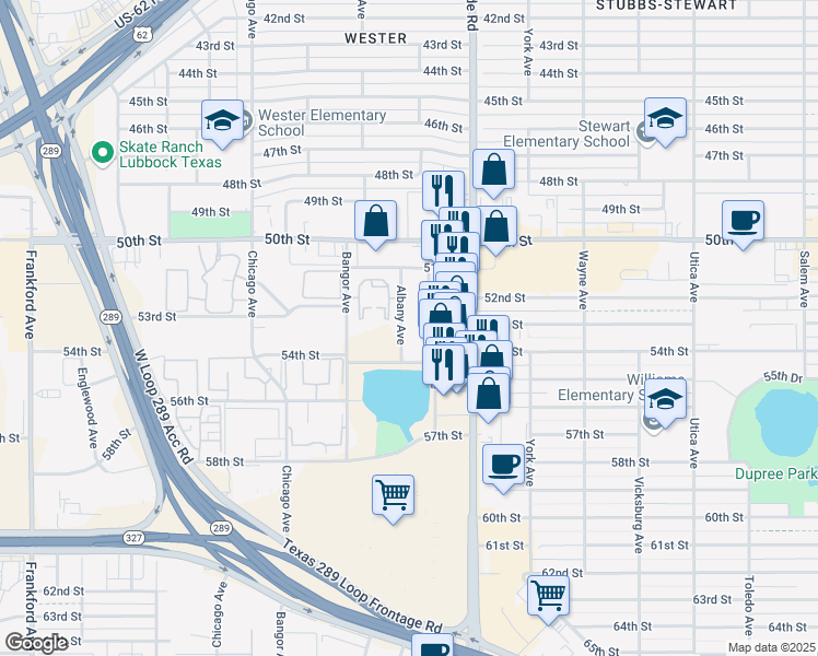 map of restaurants, bars, coffee shops, grocery stores, and more near 7 Albany Avenue in Lubbock